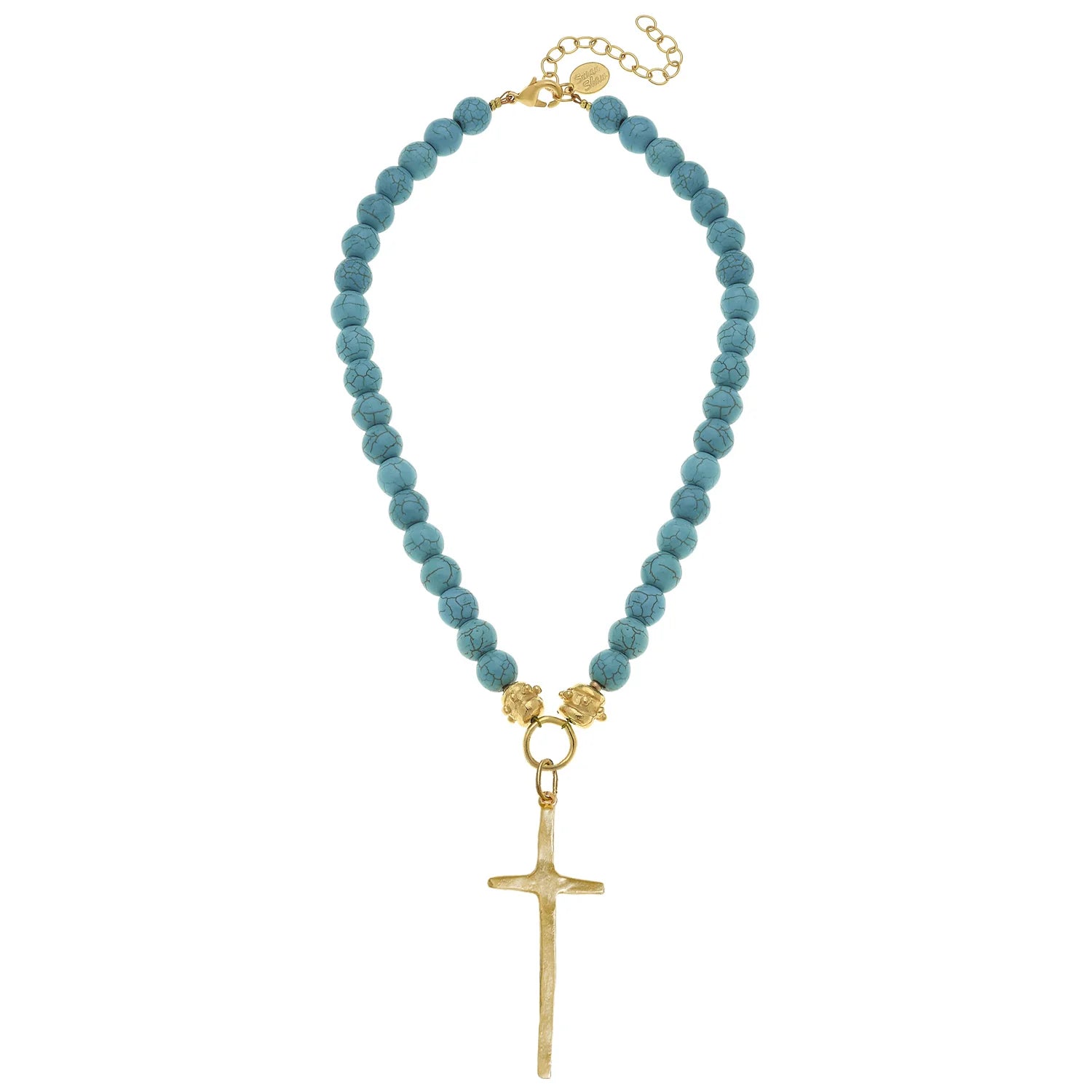 HANDCAST LONG GOLD CROSS ON MATTE TURQUOISE NECKLACE