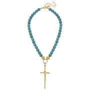 HANDCAST LONG GOLD CROSS ON MATTE TURQUOISE NECKLACE