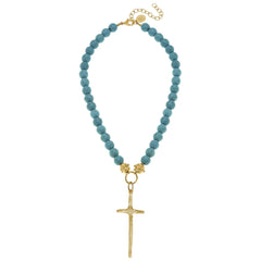 HANDCAST LONG GOLD CROSS ON MATTE TURQUOISE NECKLACE